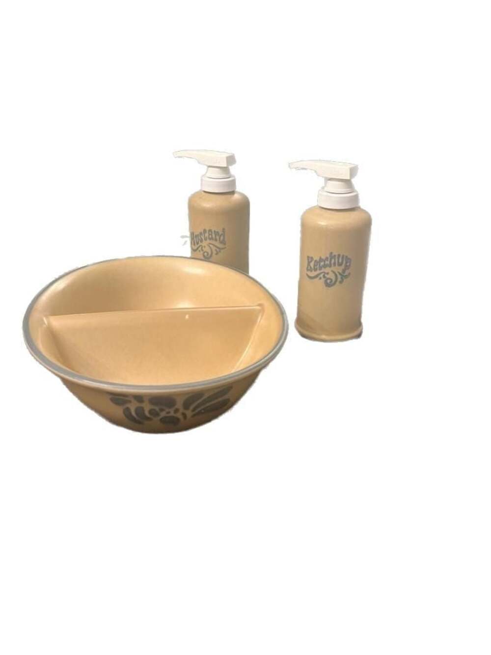Pfaltzgraff Folk Art Divided Serving Bowl and Mustard/Ketchup Dispenser Set